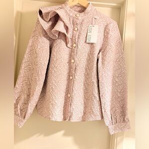 Elegant Mauve Patterned Blouse with Ruffle Accent